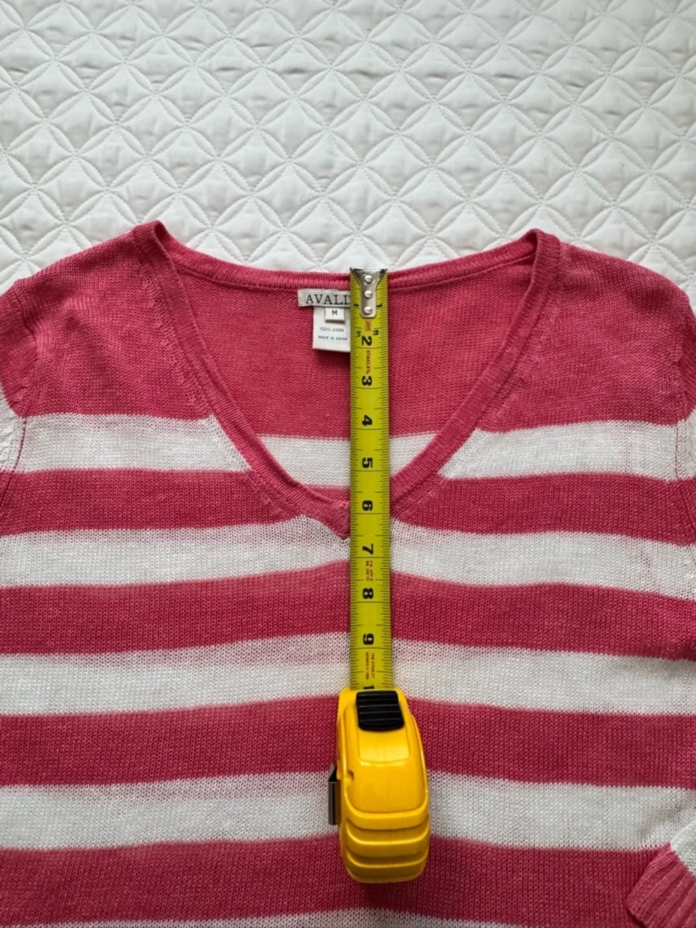 Avalin Pink & White Striped 100% Linen V-Neck Sweater Size M